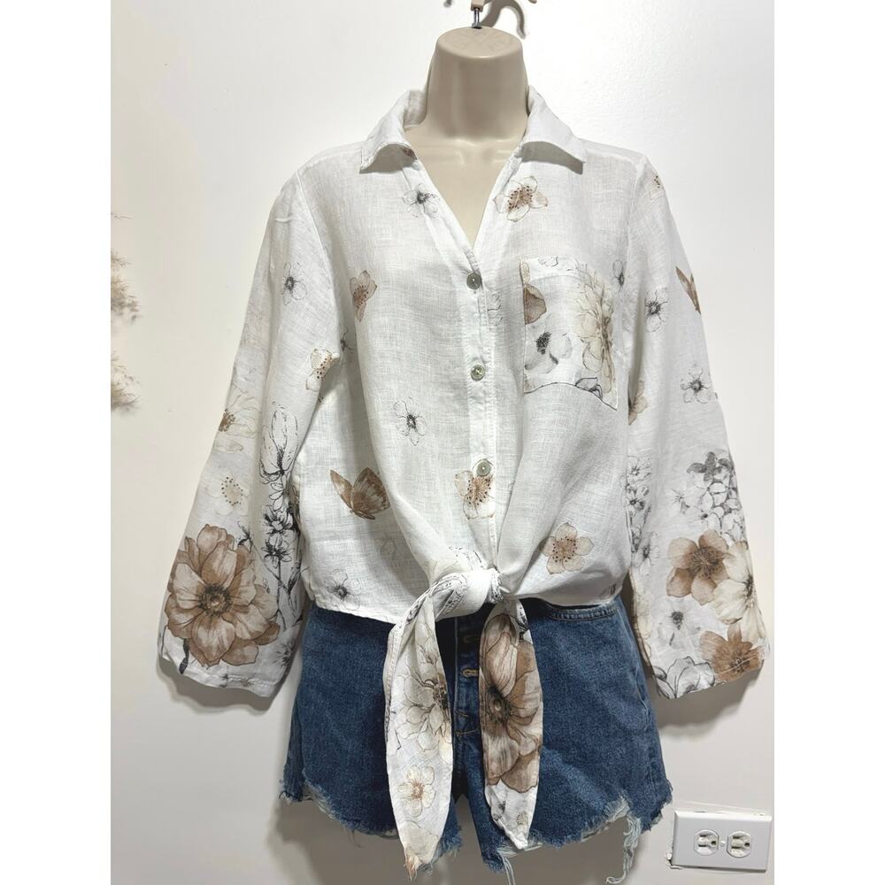 Milio Milano 100% Linen Floral Print Tie-front Roll-tab Sleeve Blouse Size M